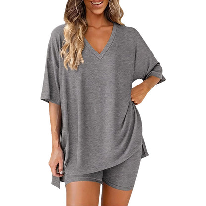 🌞50% Rabatt—nur noch wenige Teile auf Lager!💎Damen Lounge-Set mit V-Ausschnitt – Knitterfrei & Seidig Weich für Deinen Wohlfühl-Moment