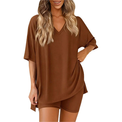 🌞50% Rabatt—nur noch wenige Teile auf Lager!💎Damen Lounge-Set mit V-Ausschnitt – Knitterfrei & Seidig Weich für Deinen Wohlfühl-Moment