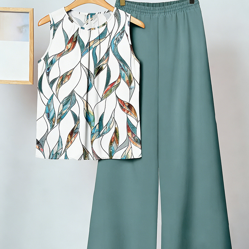 🌞50% Rabatt!💐 Frühling/Sommer Bestseller | Französische Bluse + weite Hose Set – Eleganter Rundhals & Falten