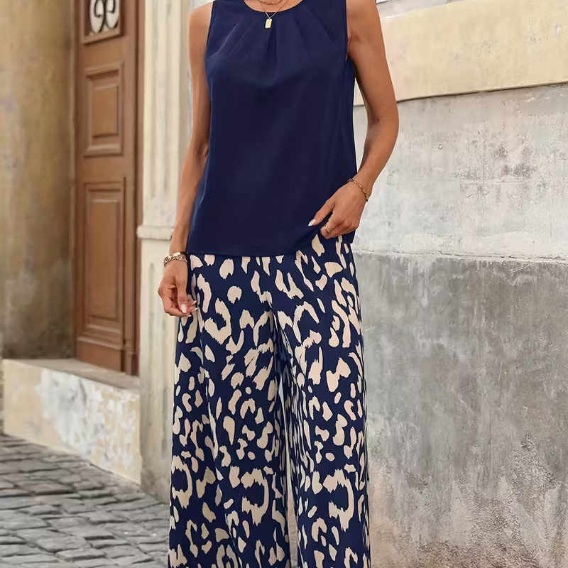 🌞50% Rabatt!💐 Frühling/Sommer Bestseller | Französische Bluse + weite Hose Set – Eleganter Rundhals & Falten