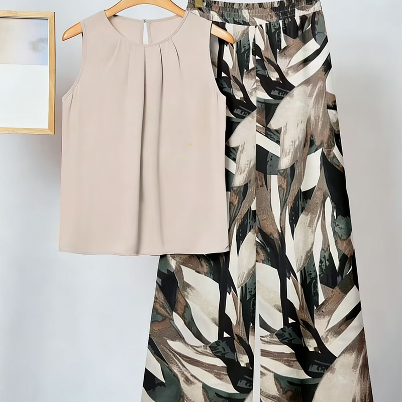 🌞50% Rabatt!💐 Frühling/Sommer Bestseller | Französische Bluse + weite Hose Set – Eleganter Rundhals & Falten