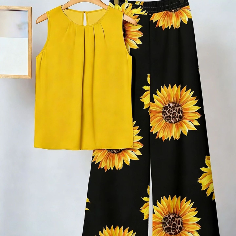 🌞50% Rabatt!💐 Frühling/Sommer Bestseller | Französische Bluse + weite Hose Set – Eleganter Rundhals & Falten
