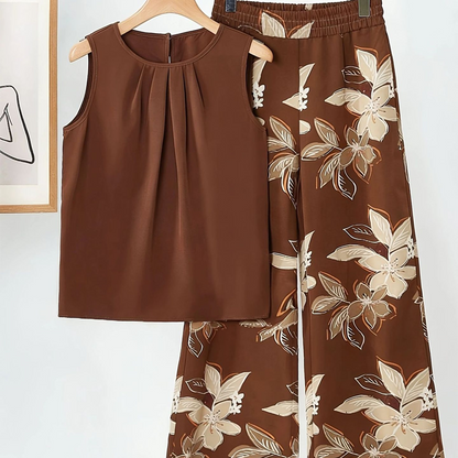 🌞50% Rabatt!💐 Frühling/Sommer Bestseller | Französische Bluse + weite Hose Set – Eleganter Rundhals & Falten