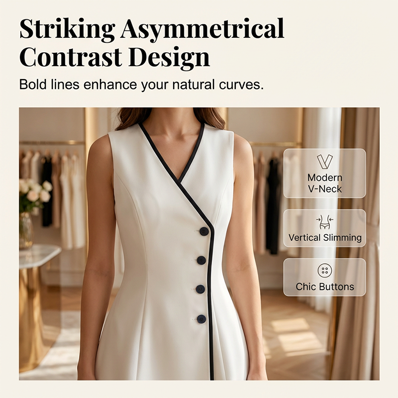 🔥 2026 Bestseller｜Weißes A-Linien-ärmelloses Kleid – Asymmetrischer schwarzer Kontrast – schmeichelt jeder Figur