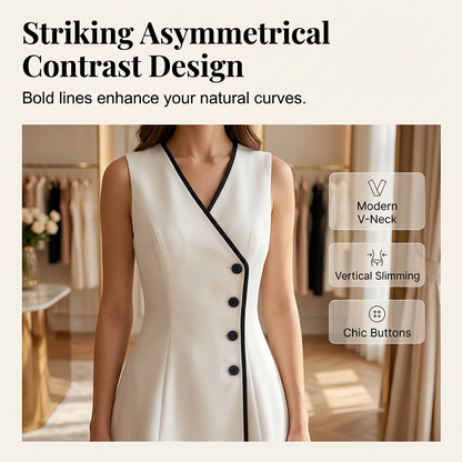 🔥 2026 Bestseller｜Weißes A-Linien-ärmelloses Kleid – Asymmetrischer schwarzer Kontrast – schmeichelt jeder Figur