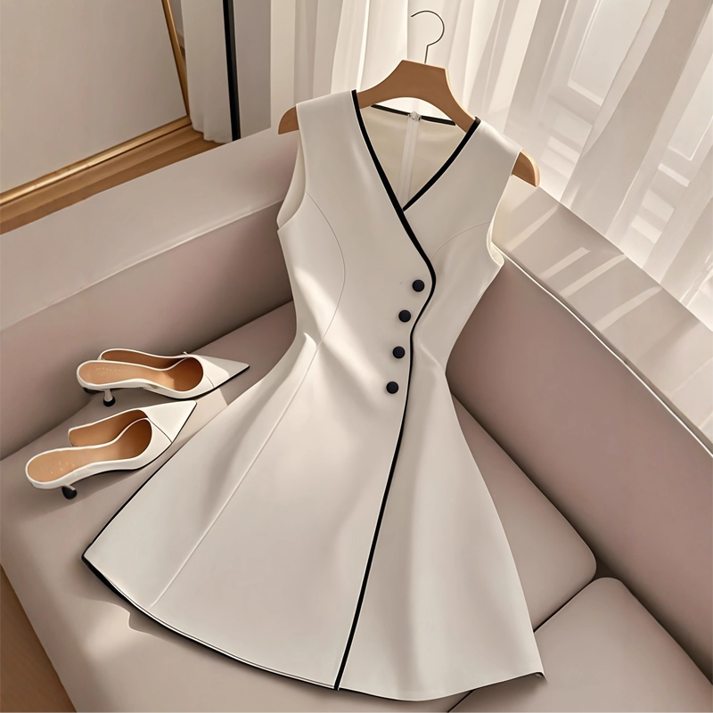 🔥 2026 Bestseller｜Weißes A-Linien-ärmelloses Kleid – Asymmetrischer schwarzer Kontrast – schmeichelt jeder Figur