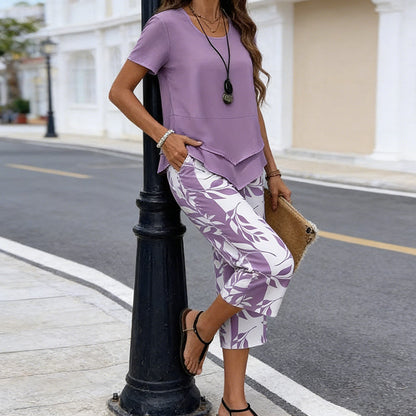 🎉53% Rabatt – Nur für kurze Zeit!✨ Modisches 2-in-1-Set | Oberteil mit asymmetrischem Saum + bedruckte Hose | S–5XL 👗
