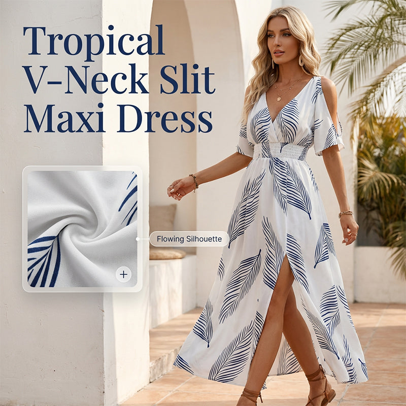 🌺 Neu eingetroffen! Tropisches Maxikleid | V-Ausschnitt + Cold-Shoulder + Gummizug-Taille – Leicht & atmungsaktiv ☀️👗