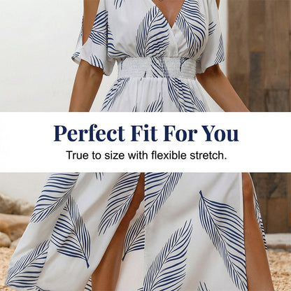 🌺 Neu eingetroffen! Tropisches Maxikleid | V-Ausschnitt + Cold-Shoulder + Gummizug-Taille – Leicht & atmungsaktiv ☀️👗