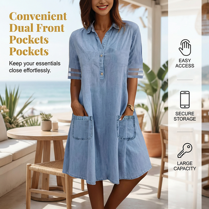 📉Preissenkung! ⭐ 57% Rabatt! ⭐ Blaues Denim-Minikleid – Kragen, Spitzenärmel, Seitentaschen. Lässig trifft elegant! 💃