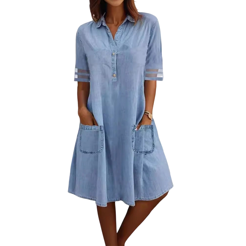 📉Preissenkung! ⭐ 57% Rabatt! ⭐ Blaues Denim-Minikleid – Kragen, Spitzenärmel, Seitentaschen. Lässig trifft elegant! 💃