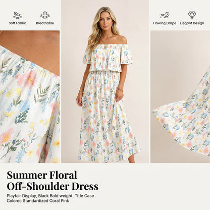 ⭐ 50% Rabatt ⭐ 2026 Sommer-Off-Shoulder-Blumendruck-Kleid – Rüschen + High-Waist + versteckte Taschen