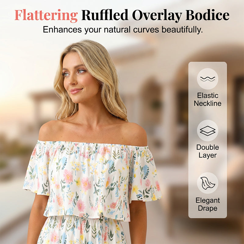 ⭐ 50% Rabatt ⭐ 2026 Sommer-Off-Shoulder-Blumendruck-Kleid – Rüschen + High-Waist + versteckte Taschen