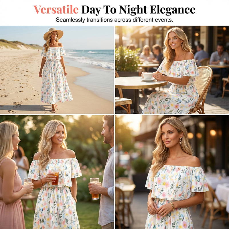 ⭐ 50% Rabatt ⭐ 2026 Sommer-Off-Shoulder-Blumendruck-Kleid – Rüschen + High-Waist + versteckte Taschen