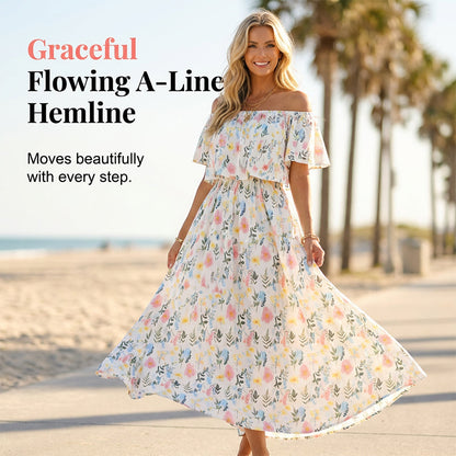 ⭐ 50% Rabatt ⭐ 2026 Sommer-Off-Shoulder-Blumendruck-Kleid – Rüschen + High-Waist + versteckte Taschen