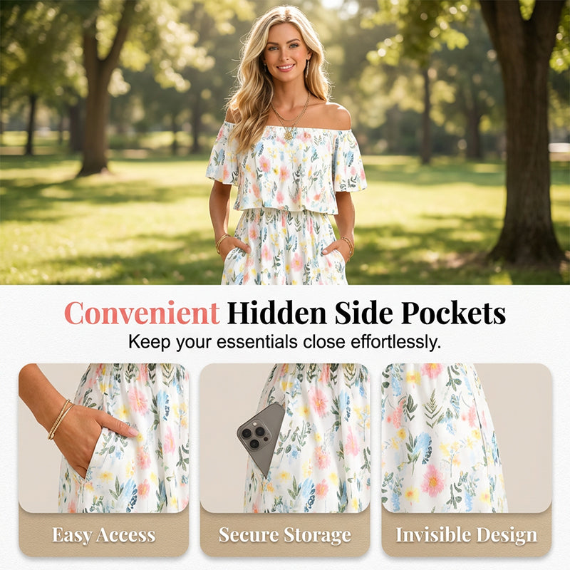 ⭐ 50% Rabatt ⭐ 2026 Sommer-Off-Shoulder-Blumendruck-Kleid – Rüschen + High-Waist + versteckte Taschen