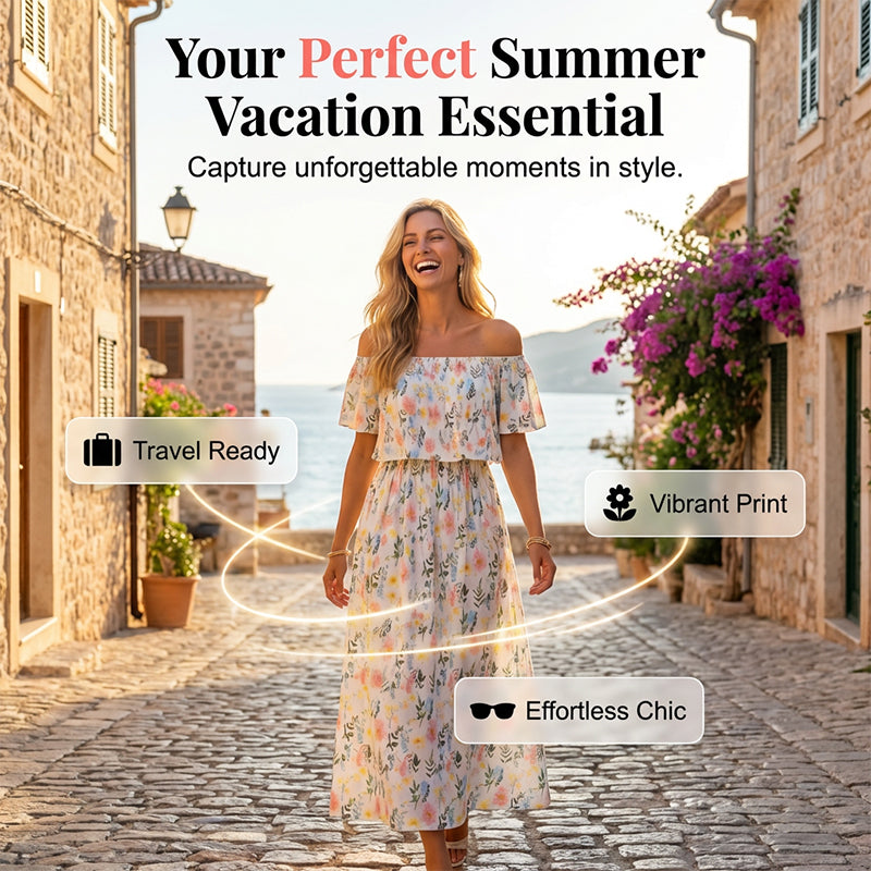 ⭐ 50% Rabatt ⭐ 2026 Sommer-Off-Shoulder-Blumendruck-Kleid – Rüschen + High-Waist + versteckte Taschen