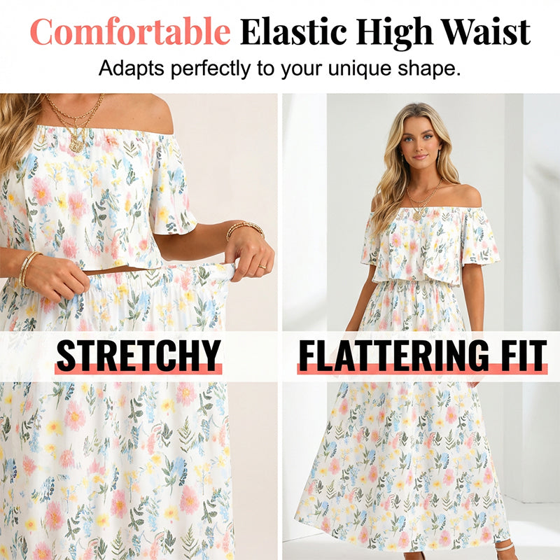 ⭐ 50% Rabatt ⭐ 2026 Sommer-Off-Shoulder-Blumendruck-Kleid – Rüschen + High-Waist + versteckte Taschen