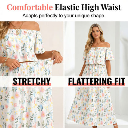 ⭐ 50% Rabatt ⭐ 2026 Sommer-Off-Shoulder-Blumendruck-Kleid – Rüschen + High-Waist + versteckte Taschen