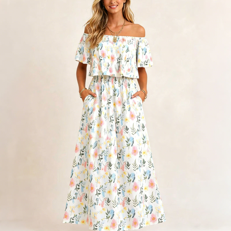⭐ 50% Rabatt ⭐ 2026 Sommer-Off-Shoulder-Blumendruck-Kleid – Rüschen + High-Waist + versteckte Taschen