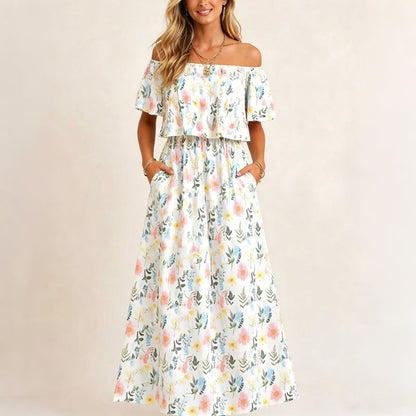 ⭐ 50% Rabatt ⭐ 2026 Sommer-Off-Shoulder-Blumendruck-Kleid – Rüschen + High-Waist + versteckte Taschen