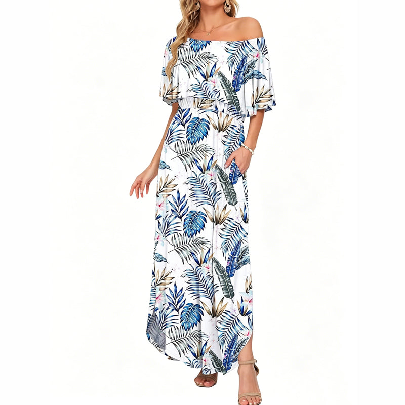 ⭐ 50% Rabatt ⭐ 2026 Sommer-Off-Shoulder-Blumendruck-Kleid – Rüschen + High-Waist + versteckte Taschen