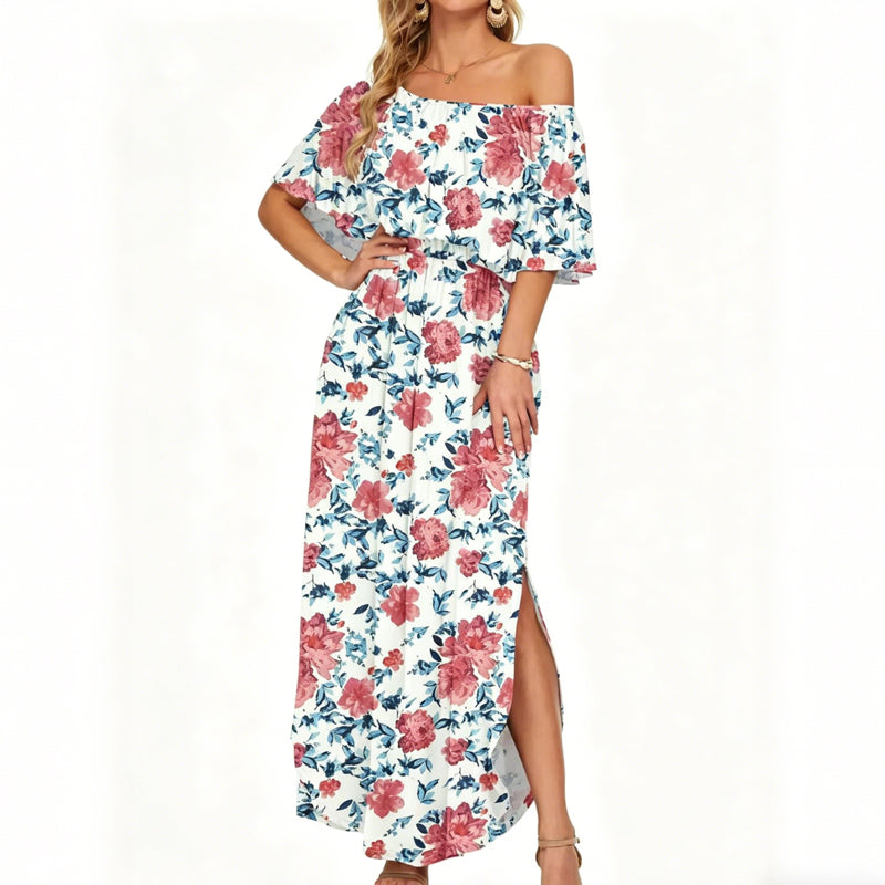 ⭐ 50% Rabatt ⭐ 2026 Sommer-Off-Shoulder-Blumendruck-Kleid – Rüschen + High-Waist + versteckte Taschen