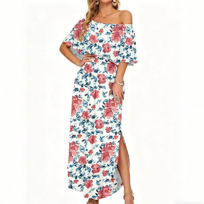 ⭐ 50% Rabatt ⭐ 2026 Sommer-Off-Shoulder-Blumendruck-Kleid – Rüschen + High-Waist + versteckte Taschen