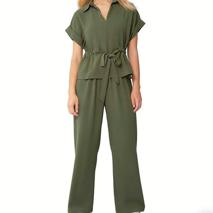 🌟 Diese Woche im Angebot! 🌟 Damen Freizeitset mit Reverskragen & Kordelzug – V-Ausschnitt-Oberteil + Weite Hose | Elegantes & bequemes 2-Teile-Set 👚💕