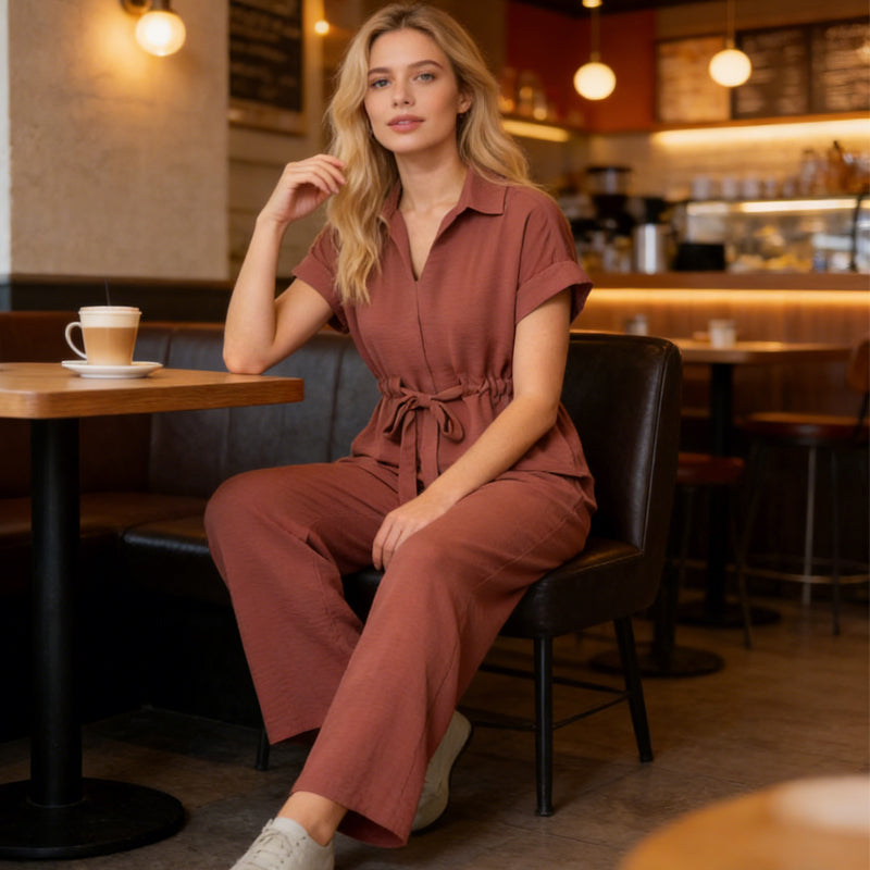 🌟 Diese Woche im Angebot! 🌟 Damen Freizeitset mit Reverskragen & Kordelzug – V-Ausschnitt-Oberteil + Weite Hose | Elegantes & bequemes 2-Teile-Set 👚💕