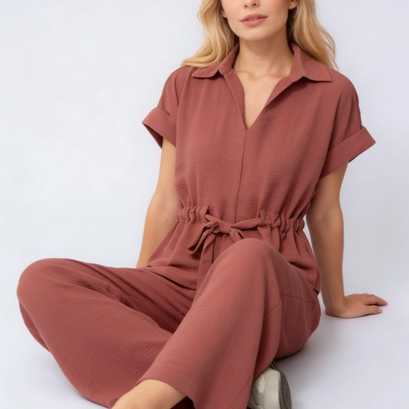 🌟 Diese Woche im Angebot! 🌟 Damen Freizeitset mit Reverskragen & Kordelzug – V-Ausschnitt-Oberteil + Weite Hose | Elegantes & bequemes 2-Teile-Set 👚💕