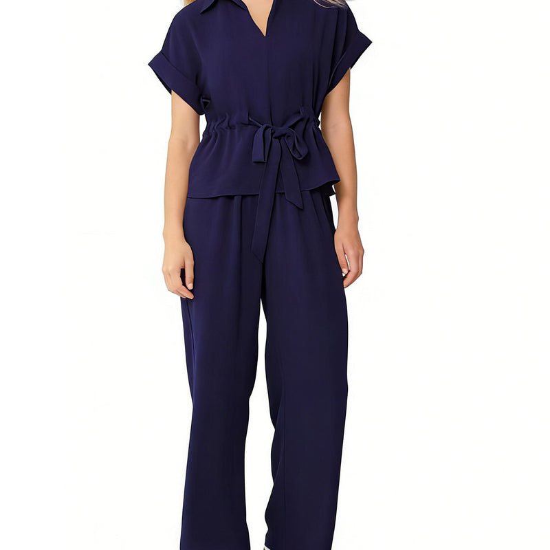 🌟 Diese Woche im Angebot! 🌟 Damen Freizeitset mit Reverskragen & Kordelzug – V-Ausschnitt-Oberteil + Weite Hose | Elegantes & bequemes 2-Teile-Set 👚💕