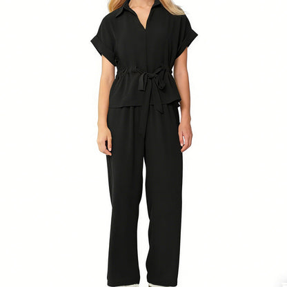 🌟 Diese Woche im Angebot! 🌟 Damen Freizeitset mit Reverskragen & Kordelzug – V-Ausschnitt-Oberteil + Weite Hose | Elegantes & bequemes 2-Teile-Set 👚💕