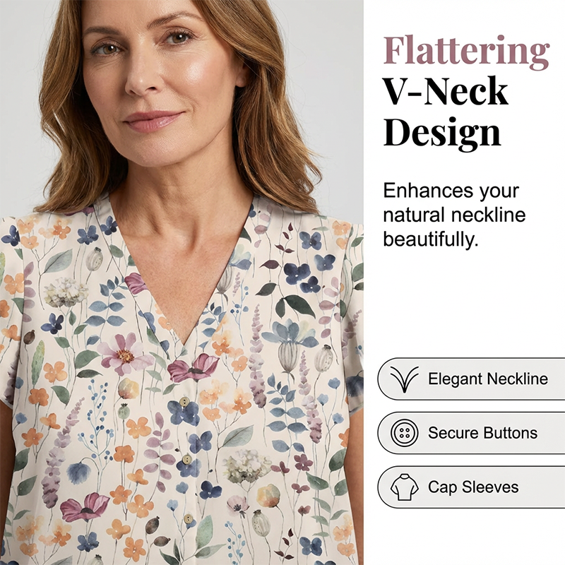 Women's V-Neck Floral Print Button-Down Blouse