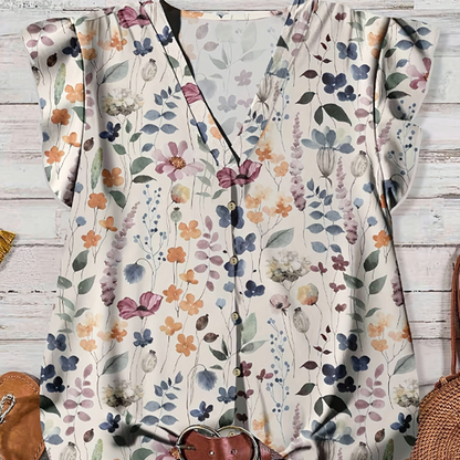 Women's V-Neck Floral Print Button-Down Blouse