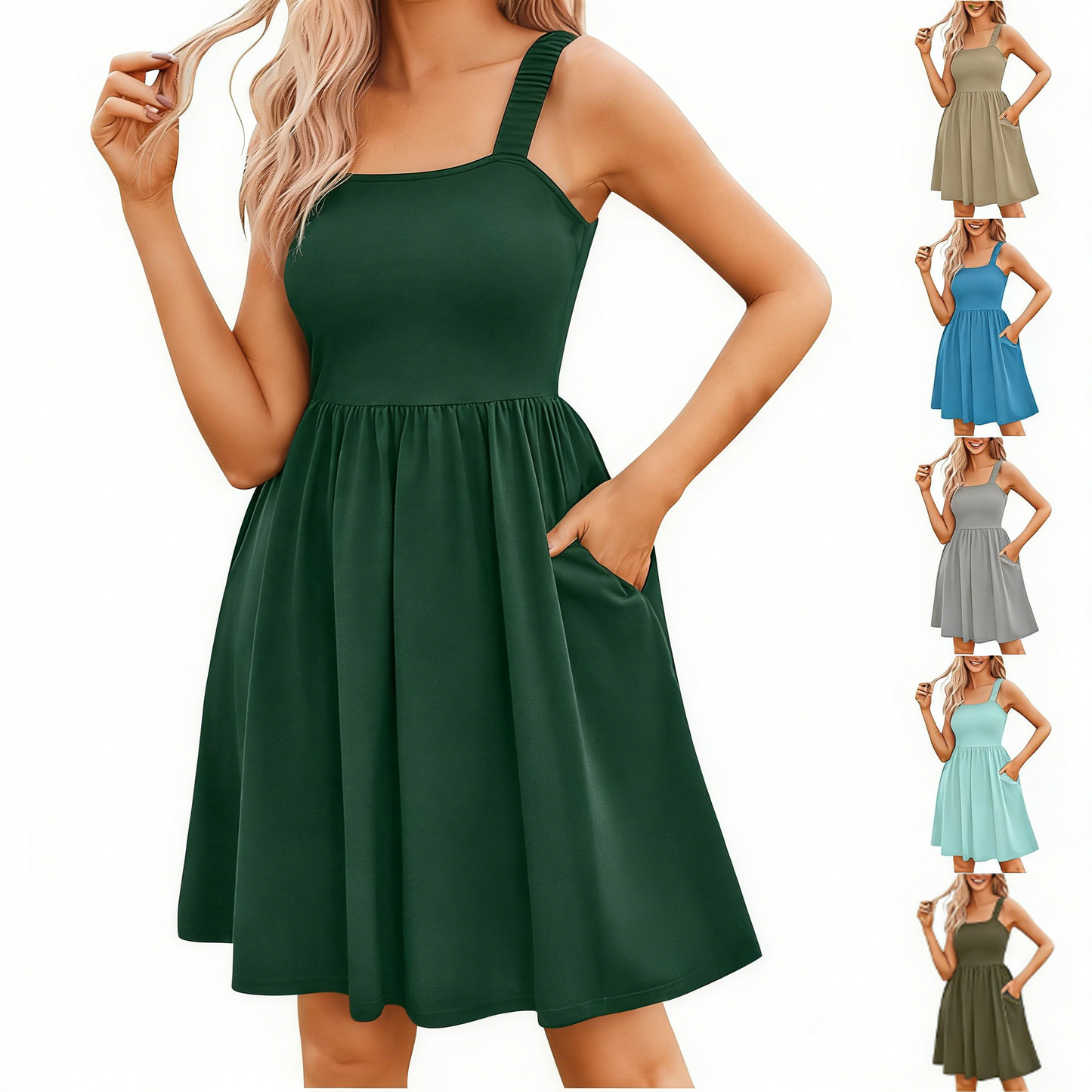 50 % Rabatt! 🌸 Quadratischer Ausschnitt Blumenkleid | A-Linie + geraffter, elastischer Oberteil + mit Taschen – Frühling/Sommer Must-have ☀️👗