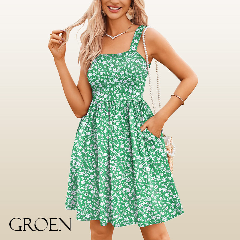 50 % Rabatt! 🌸 Quadratischer Ausschnitt Blumenkleid | A-Linie + geraffter, elastischer Oberteil + mit Taschen – Frühling/Sommer Must-have ☀️👗