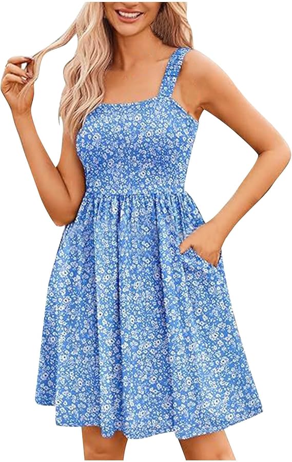 50 % Rabatt! 🌸 Quadratischer Ausschnitt Blumenkleid | A-Linie + geraffter, elastischer Oberteil + mit Taschen – Frühling/Sommer Must-have ☀️👗