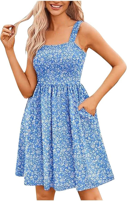 50 % Rabatt! 🌸 Quadratischer Ausschnitt Blumenkleid | A-Linie + geraffter, elastischer Oberteil + mit Taschen – Frühling/Sommer Must-have ☀️👗