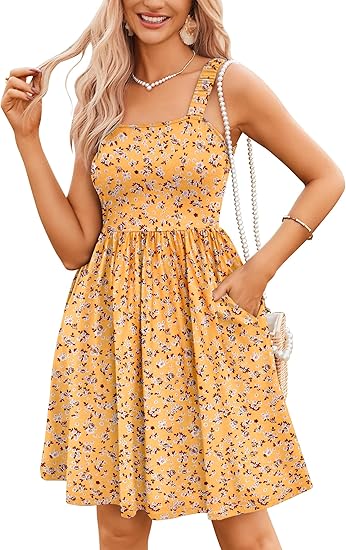 50 % Rabatt! 🌸 Quadratischer Ausschnitt Blumenkleid | A-Linie + geraffter, elastischer Oberteil + mit Taschen – Frühling/Sommer Must-have ☀️👗