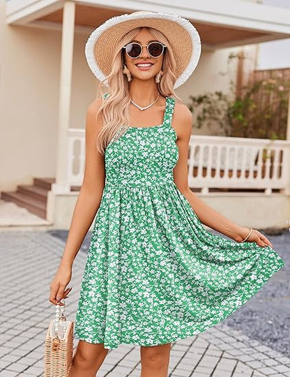 50 % Rabatt! 🌸 Quadratischer Ausschnitt Blumenkleid | A-Linie + geraffter, elastischer Oberteil + mit Taschen – Frühling/Sommer Must-have ☀️👗