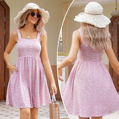 50 % Rabatt! 🌸 Quadratischer Ausschnitt Blumenkleid | A-Linie + geraffter, elastischer Oberteil + mit Taschen – Frühling/Sommer Must-have ☀️👗