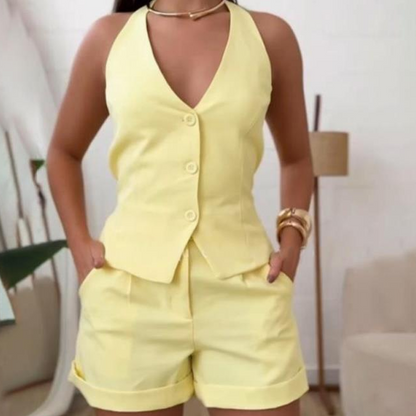 💰 Zum halben Preis! Damen Sommer 2-teiliges Set – Trägertop + hochtaillierte weite Shorts | Weich & atmungsaktiv | Perfekt für Büro & Alltag 👚🌸🏢