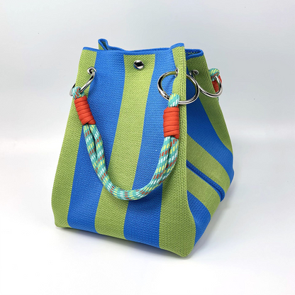 Gestreifte Strick-Bucket-Tasche – leicht, flexibel & vielseitig – ideal für den Alltag, Strand & Shopping