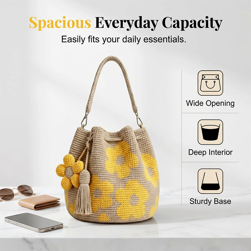🌞Frühlingserwachen: 50% Rabatt!🌼Gehäkelte Damen Bucket Bag mit Blumenmuster – Leichte Boho-Schultertasche für Sommer und täglichen Gebrauch