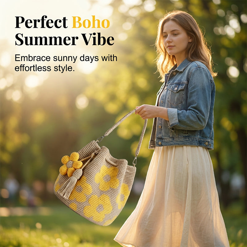 🌞Frühlingserwachen: 50% Rabatt!🌼Gehäkelte Damen Bucket Bag mit Blumenmuster – Leichte Boho-Schultertasche für Sommer und täglichen Gebrauch