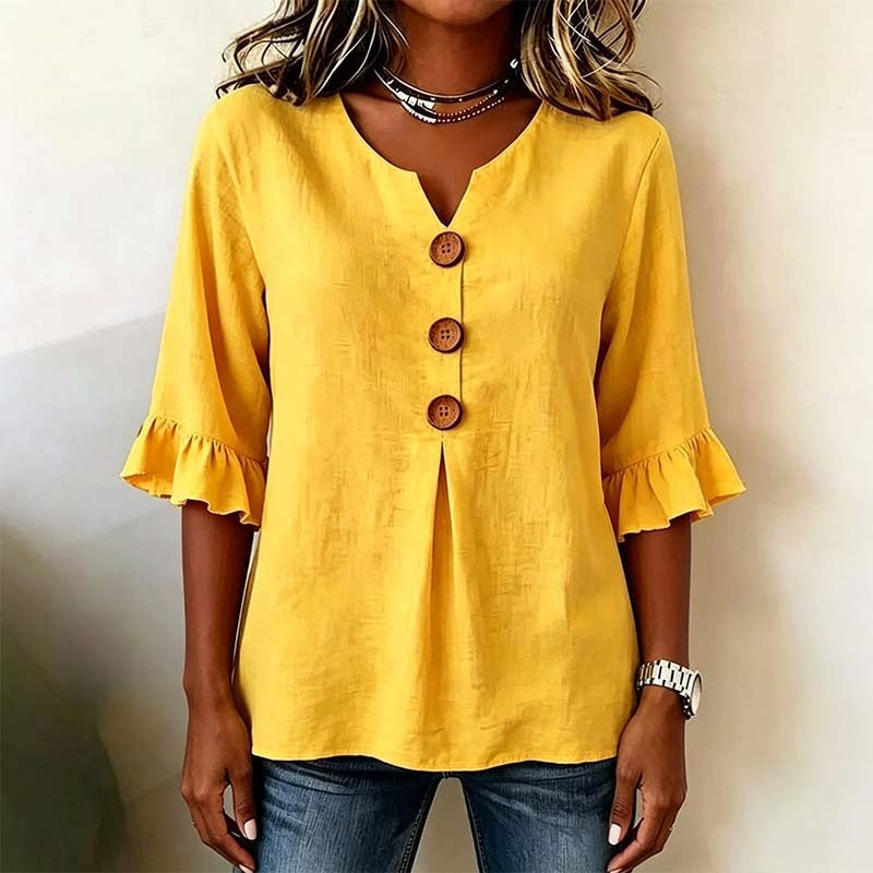 👚 Nur für kurze Zeit 50 % Rabatt! ✨ Damenbluse mit V-Ausschnitt, Rüschenärmeln und Holzknöpfen – Boho-Stil, fließend, romantisch 🍃