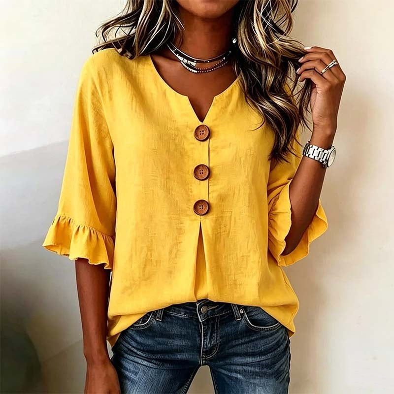 👚 Nur für kurze Zeit 50 % Rabatt! ✨ Damenbluse mit V-Ausschnitt, Rüschenärmeln und Holzknöpfen – Boho-Stil, fließend, romantisch 🍃