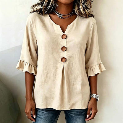 👚 Nur für kurze Zeit 50 % Rabatt! ✨ Damenbluse mit V-Ausschnitt, Rüschenärmeln und Holzknöpfen – Boho-Stil, fließend, romantisch 🍃