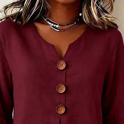 👚 Nur für kurze Zeit 50 % Rabatt! ✨ Damenbluse mit V-Ausschnitt, Rüschenärmeln und Holzknöpfen – Boho-Stil, fließend, romantisch 🍃